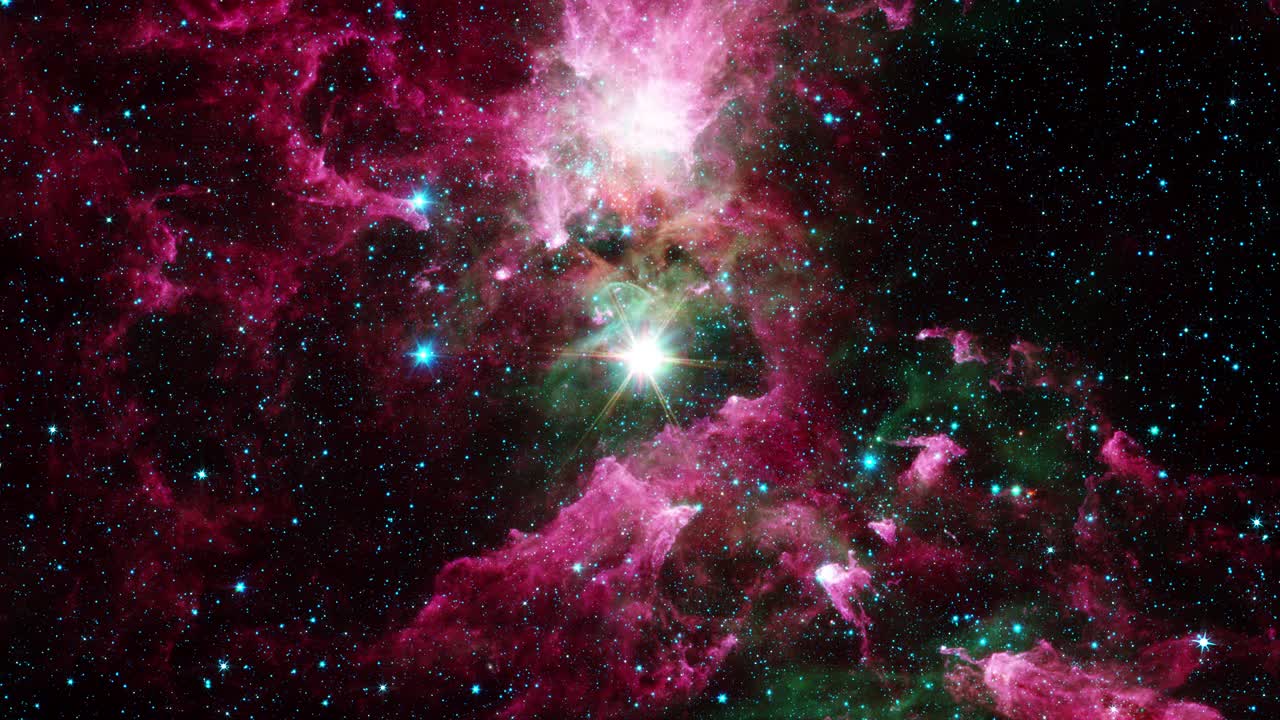 太空旅行穿過(guò)紅色星云中心發(fā)光的恒星在深空。4K 3D無(wú)縫循環(huán)科幻太空飛行，發(fā)光的能量氣體塵埃云星云。星系天文學(xué)探索。