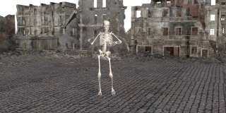 世界末日后，城市街道上跳舞的3D骷髅。