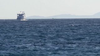 渡船上的乘客在小小的海浪中驶向海岸，在远处我看到了一个岛屿的岩石海岸
