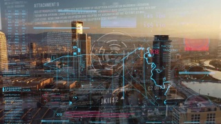 商业数据分析界面飞越智慧城市，展示商业智能的改变未来。利用计算机软件和人工智能对大数据进行分析，制定战略计划。