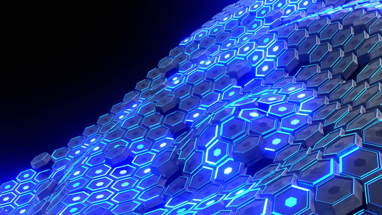 科幻技术背景，未来科幻六边形舞动着霓虹灯。3 d渲染动画