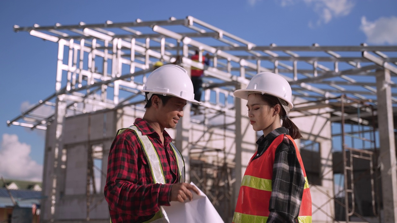 詳情圖-兩名亞洲男女工程師戴著白色安全帽，站在工地上檢查施工時拿著圖紙和收音機。
