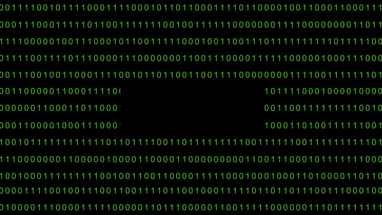 二进制代码绿色数字背景动画与复制空间。黑客或编程