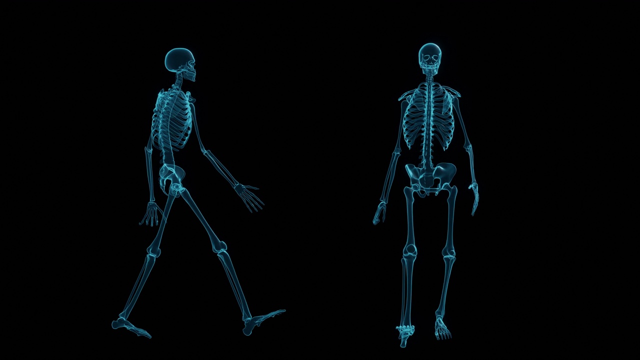 人体骨骼在x射线材料行走的正面和侧面视图