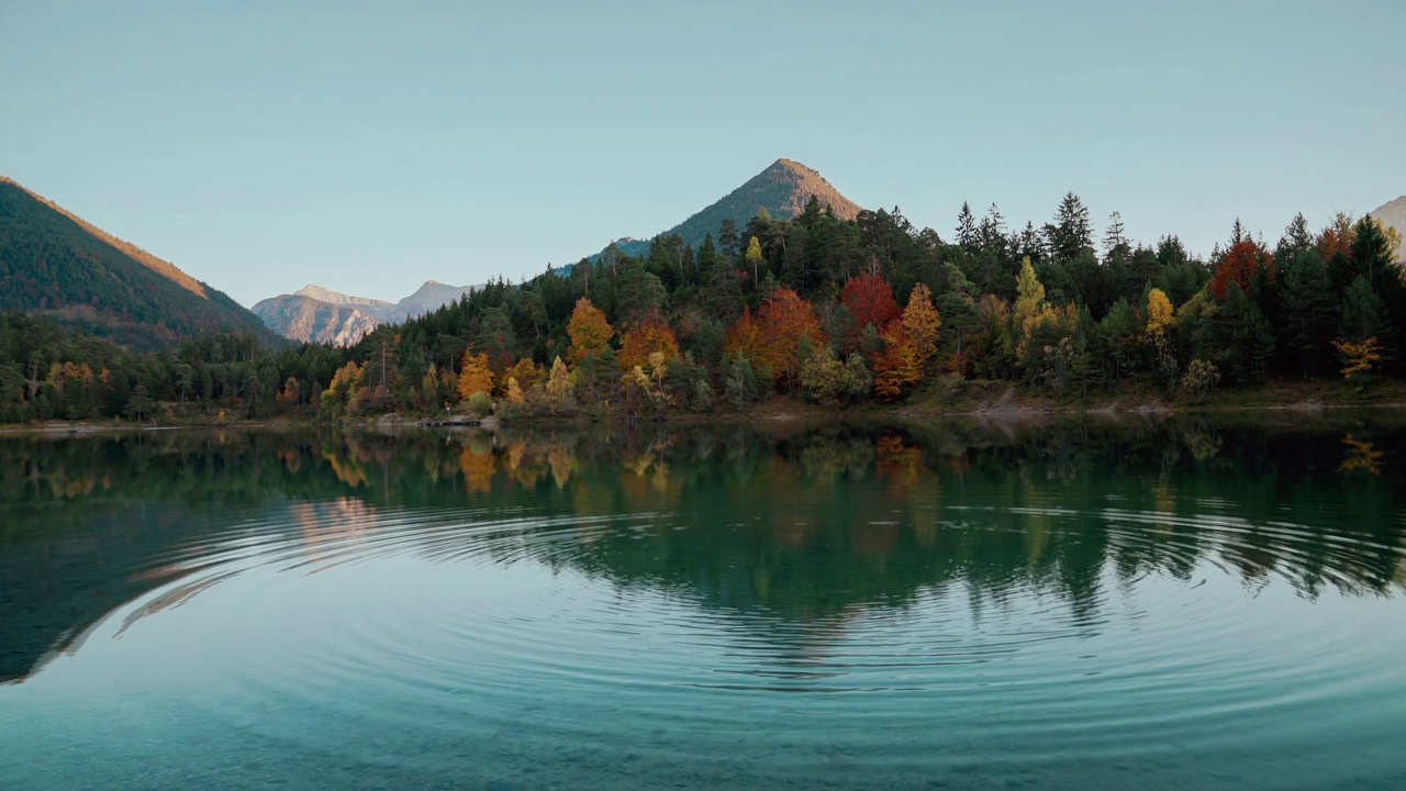 Cinemagraph无缝视频循环的自然风景山湖在奥地利阿尔卑斯山充满活力的秋天树叶和反射，接近德国。28、水波荡漾，秋树五彩缤纷。4 k UHD