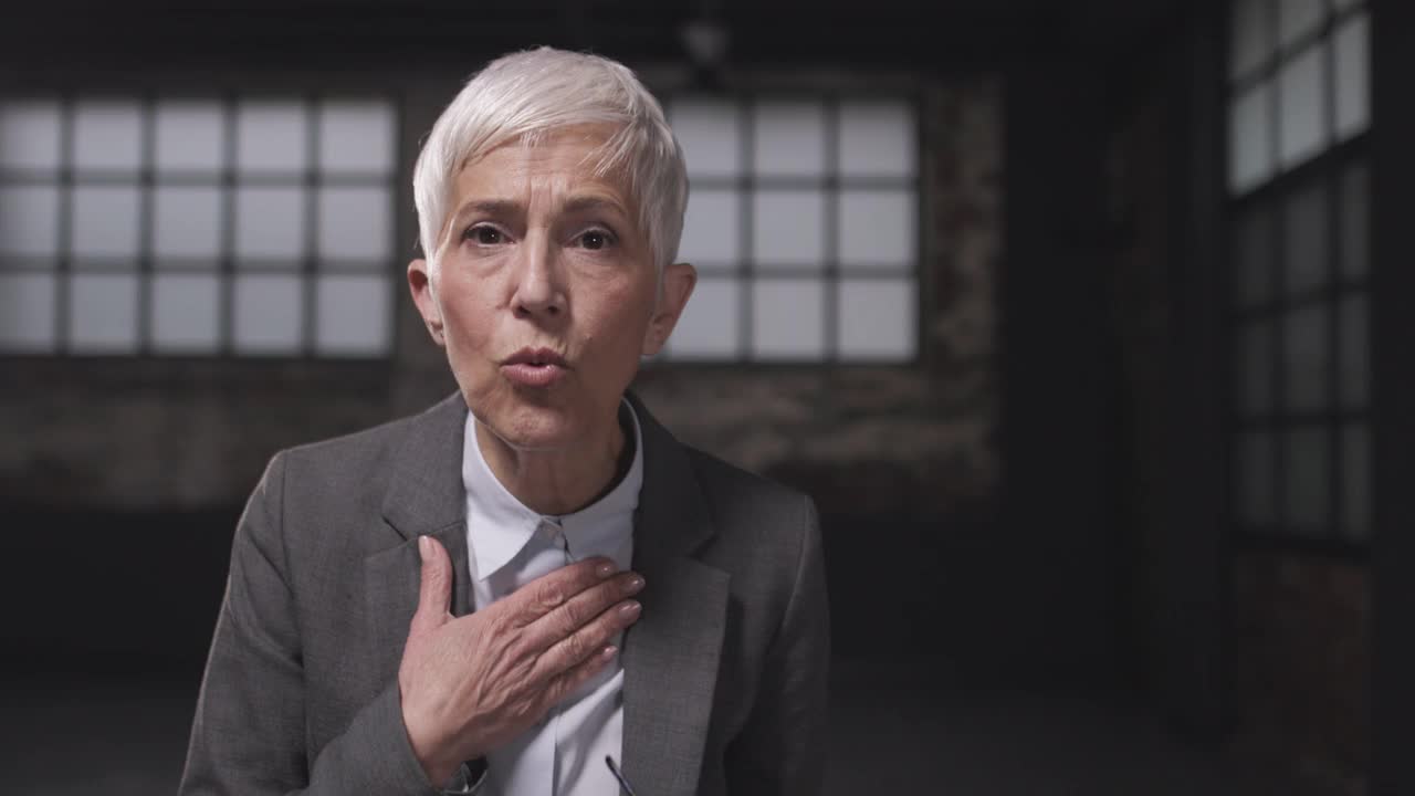 高级女商人在电话会议期间讲话。