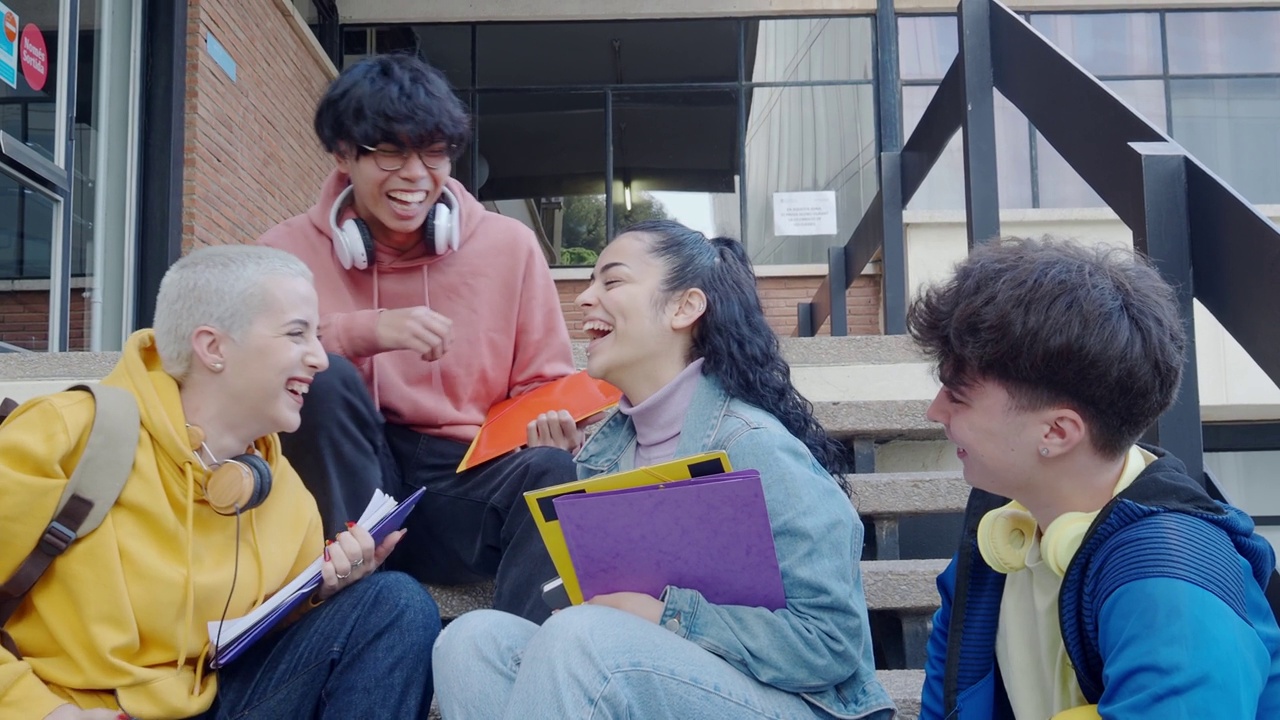 校园里一群快乐的大学生。有趣的大学生