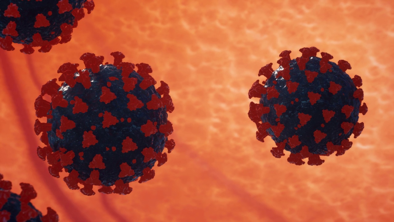新冠肺炎(COVID-19)医疗动画。病毒模型是真实的。冠状病毒将流感视为危险的流感毒株，导致大流行。显微镜下病毒近距离观察。3 d渲染。