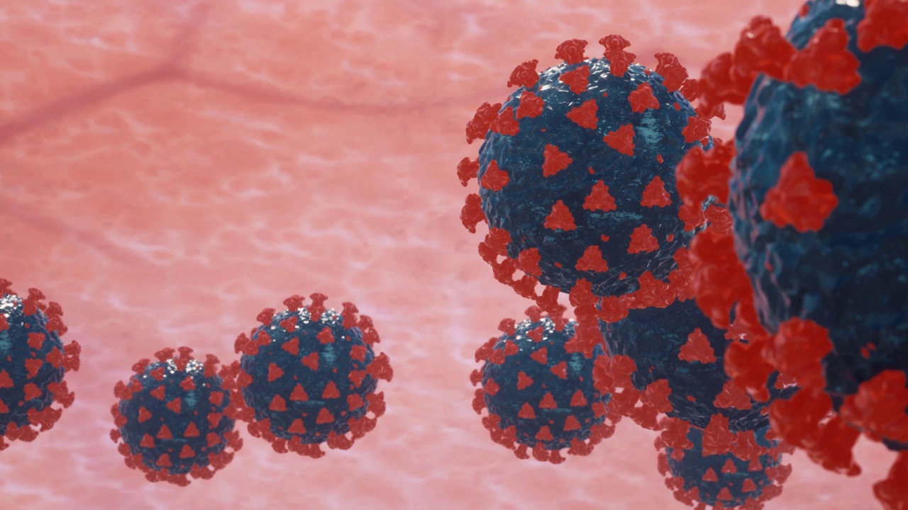新冠肺炎(COVID-19)医疗动画。病毒模型是真实的。冠状病毒将流感视为危险的流感毒株，导致大流行。显微镜下病毒近距离观察。3 d渲染。