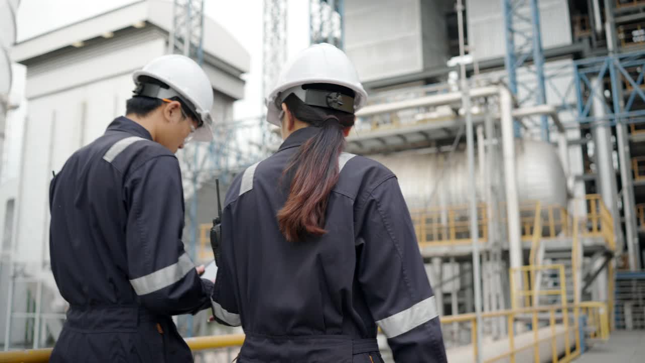 电气工程师正在步行检查发电厂的内部。