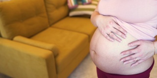 一位孕妇在家温柔地抚摸着自己的大肚子。概念等待一个孩子，怀孕和产妇产前护理