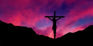 耶稣在日落时分死在十字架上。耶稣的十字架，在加略山与日落。基督受难的概念。