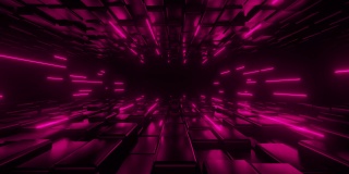 在粉红色霓虹灯照亮的黑暗隧道里往回走。数字空间。网络空间装饰元素。VJ循环运动背景。4K动画- 3D渲染