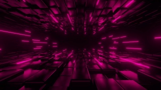 在粉红色霓虹灯照亮的黑暗隧道里往回走。数字空间。网络空间装饰元素。VJ循环运动背景。4K动画- 3D渲染