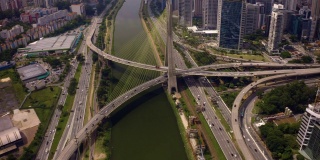 无人机飞过桥梁和河流
