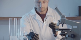 一名戴着橡胶手套、穿着长袍的研究人员，在实验室设备的背景下，近距离观察培养皿中植物的一部分，并做笔记。制药行业。