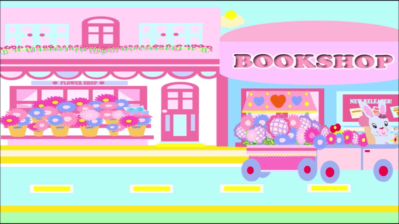 在背景音乐的花店动画视频《亮、甜、浅、蓝、粉的卡通兔子兔子微笑着开着装满五彩花朵的车在路上行驶》2022