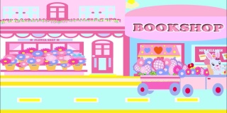 在背景音乐的花店动画视频《亮、甜、浅、蓝、粉的卡通兔子兔子微笑着开着装满五彩花朵的车在路上行驶》2022