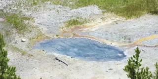 黄石国家公园，美国- 2021年7月。小清澈的蓝色温泉池与泡沫周围的裸露的土地和草。