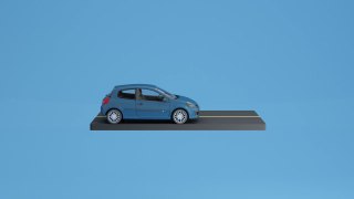 汽车保护和安全保障概念，现代蓝色汽车轿车两厢车在道路上，孤立在蓝色背景上，3d渲染动画循环