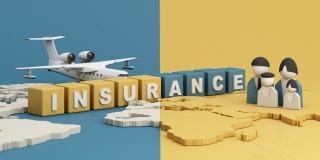 “保险”这个字母在立方体上发光，蓝色和黄色。在世界地图和模型家庭卡通人物和飞机上放置旅行保险的概念，旅行和保护。三维渲染