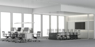 营造具有城市景观和日光的现代宽敞办公室内。工作场所设计概念地毯地板和办公家具会议室工作台。3 d渲染动画