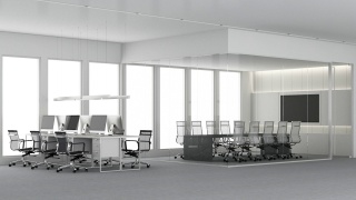 营造具有城市景观和日光的现代宽敞办公室内。工作场所设计概念地毯地板和办公家具会议室工作台。3 d渲染动画