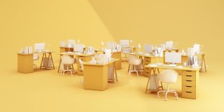 最小的概念，电脑在桌子和椅子黄色与复制空间为您的文本。3d渲染动画循环
