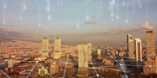伊兹密尔天际线的鸟瞰图与连接。Technology-Futuristic。金融区通过一个高科技的网络连接起来。物联网。人工智能。