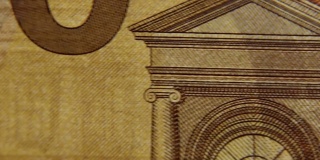 新50欧元纸币上的欧罗巴头像水印特写。