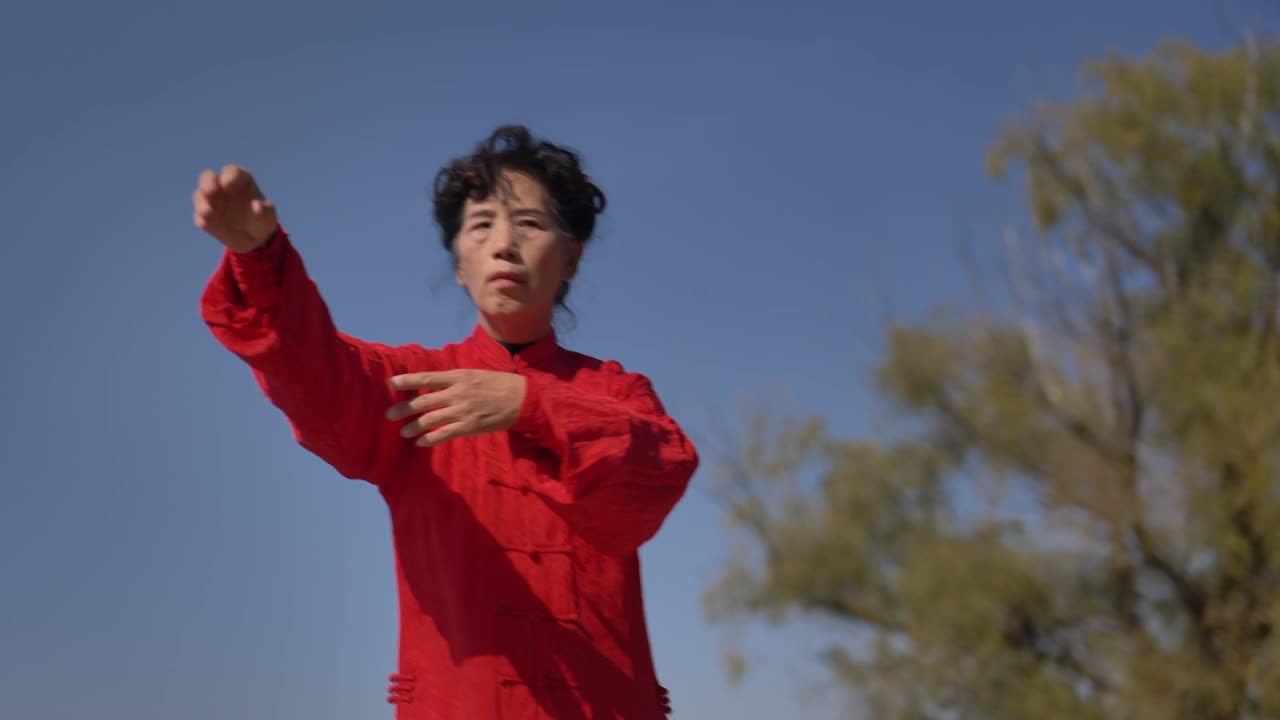 一个女人在湖边练习太极拳。