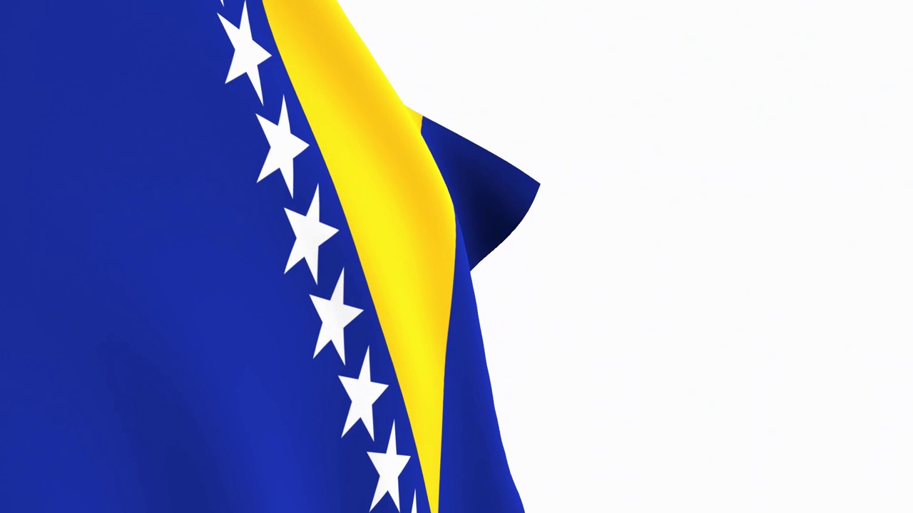 波斯尼亚和黑塞哥维那国旗视频。3d波斯尼亚和黑塞哥维那国旗慢动作视频。国旗在白色的背景下自由飘扬。全高清分辨率视频。特写镜头。