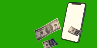 智能手机的绿色屏幕。100美元的牌子从手机里飞出来。在互联网上赚钱的概念，网上购物，金融和商业。