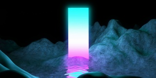 霓虹辉光框架在网络山景与美丽的反射在波浪的水。80年代游戏背景。未来复古背景fullhd无缝循环