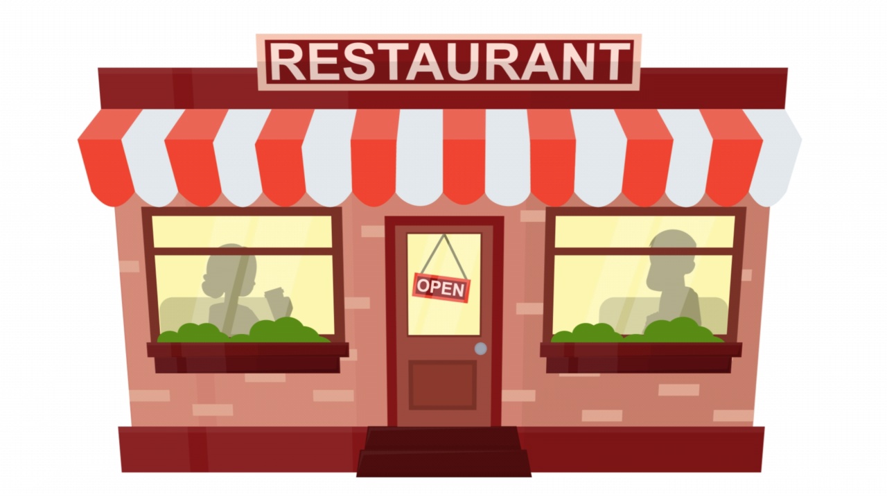 详情图-饭店建筑。咖啡馆与顾客的动画。卡通