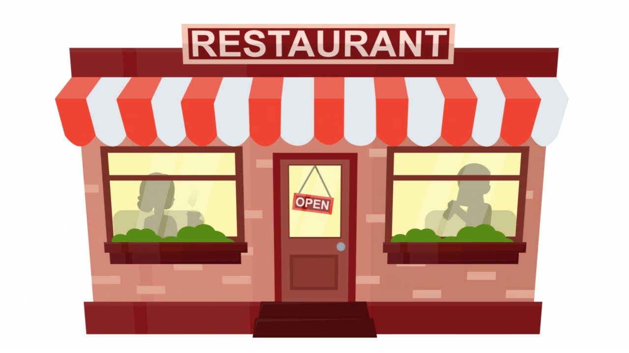 详情图-饭店建筑。咖啡馆与顾客的动画。卡通