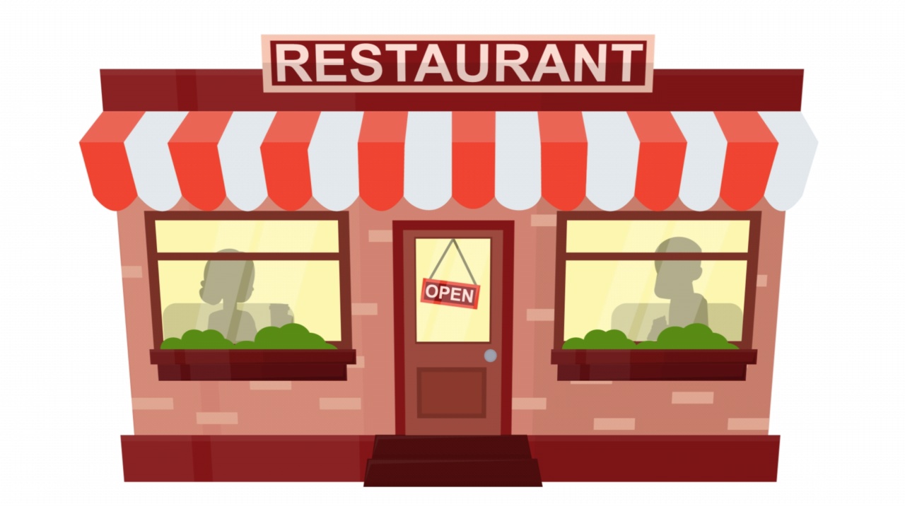 详情图-饭店建筑。咖啡馆与顾客的动画。卡通