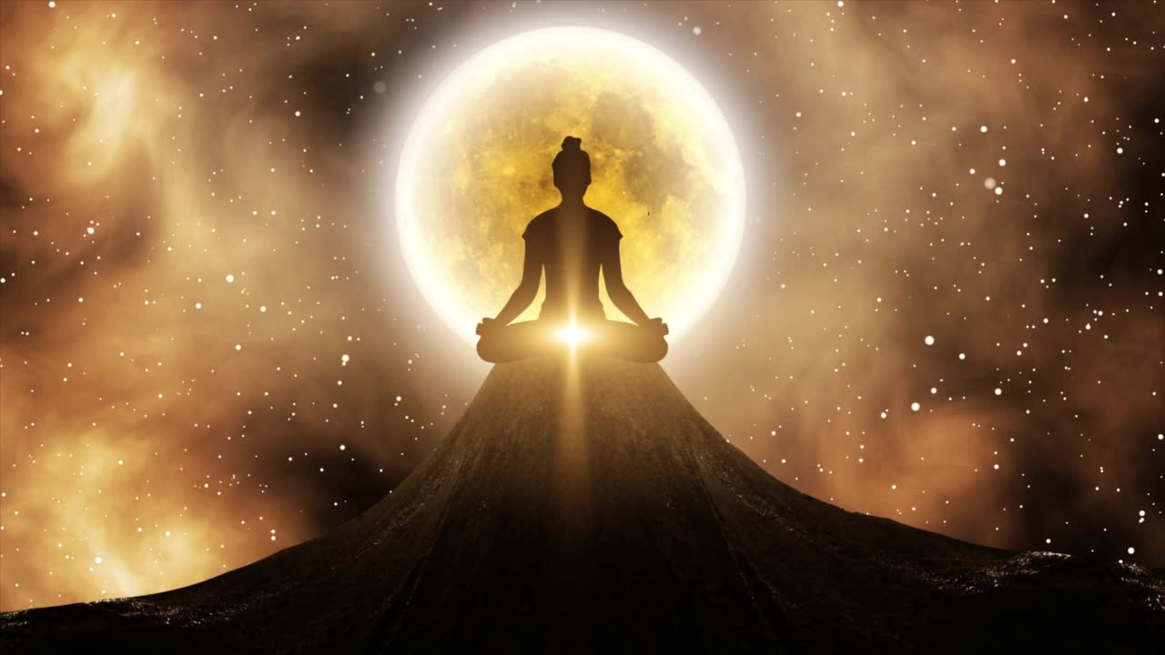 一个冥想的人在山顶上平静自己的剪影