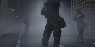 身着迷彩服的士兵在夜晚的浓雾中穿行在这座废墟城市中射击。停止战争。3 d动画。