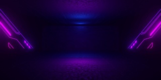 霓虹灯走廊舞台背景。未来蓝紫发光形状空黑暗隧道。3d渲染