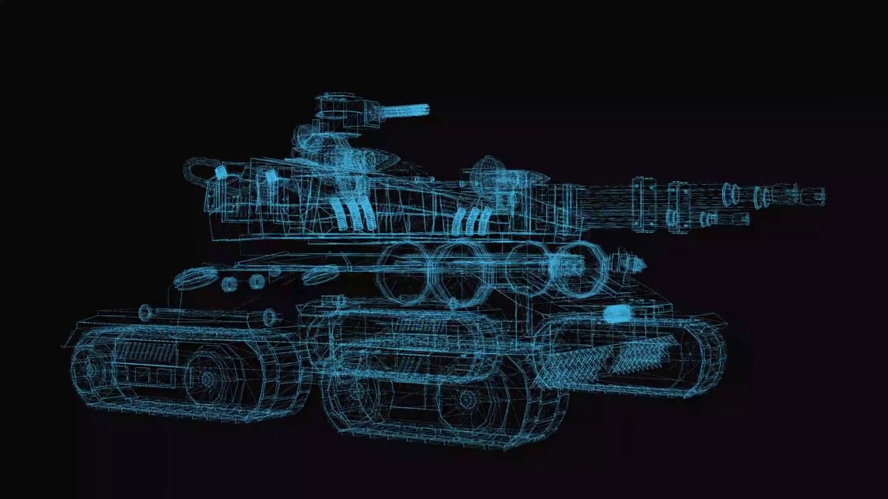 军用坦克3d线框与细蓝线。坦克部队未来主义全息图在黑色背景上。循环旋转动画视频素材模板下载