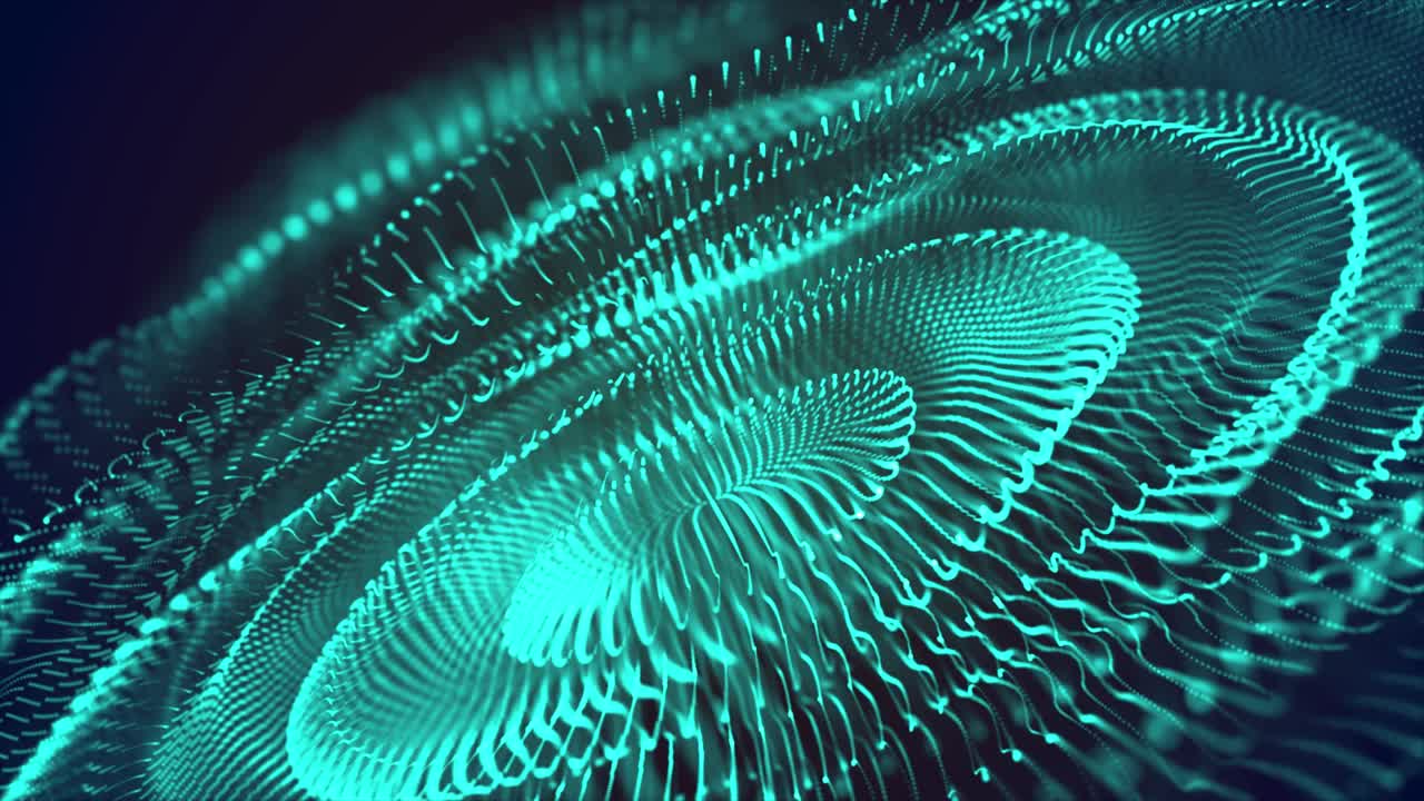 圆形粒子曲线波，电波，水母风格动画，技术数字波，声音，网络，科学，均衡器