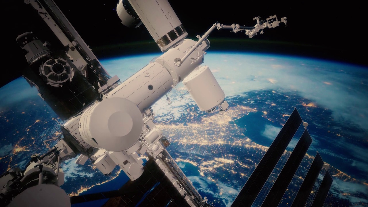 宇宙飛船正繞地球飛行。地球和空間站。