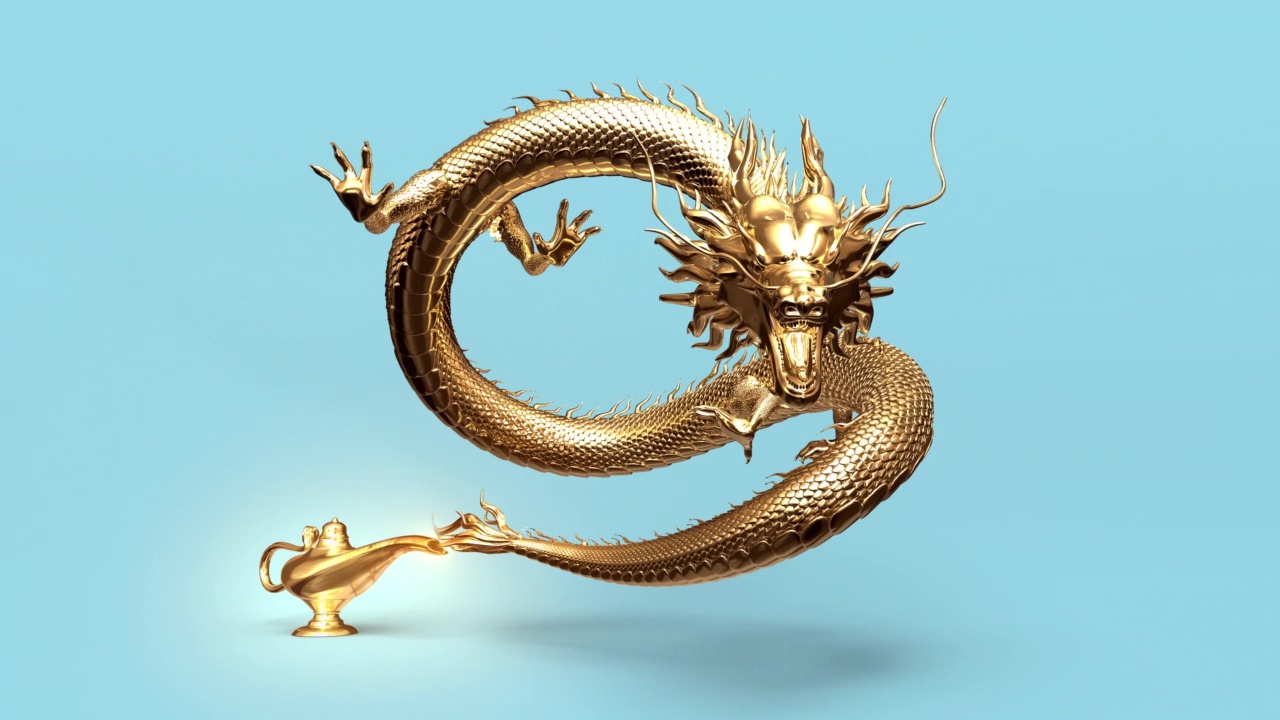 中國龍從阿拉丁神燈中走出來。