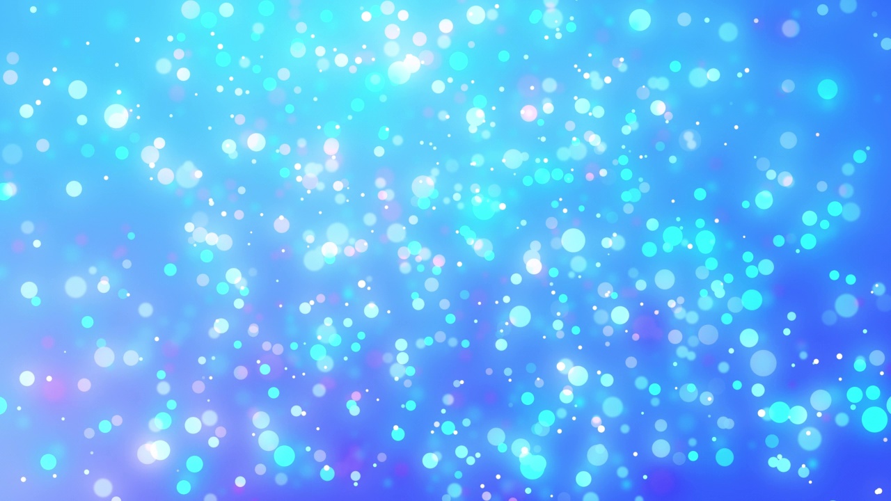 动画的彩色圆圈，闪光，散景效果。抽象的漂浮粒子，灯光。明亮的蓝色背景。毛圈住壁纸。节日动画素材。假日，圣诞节，新年