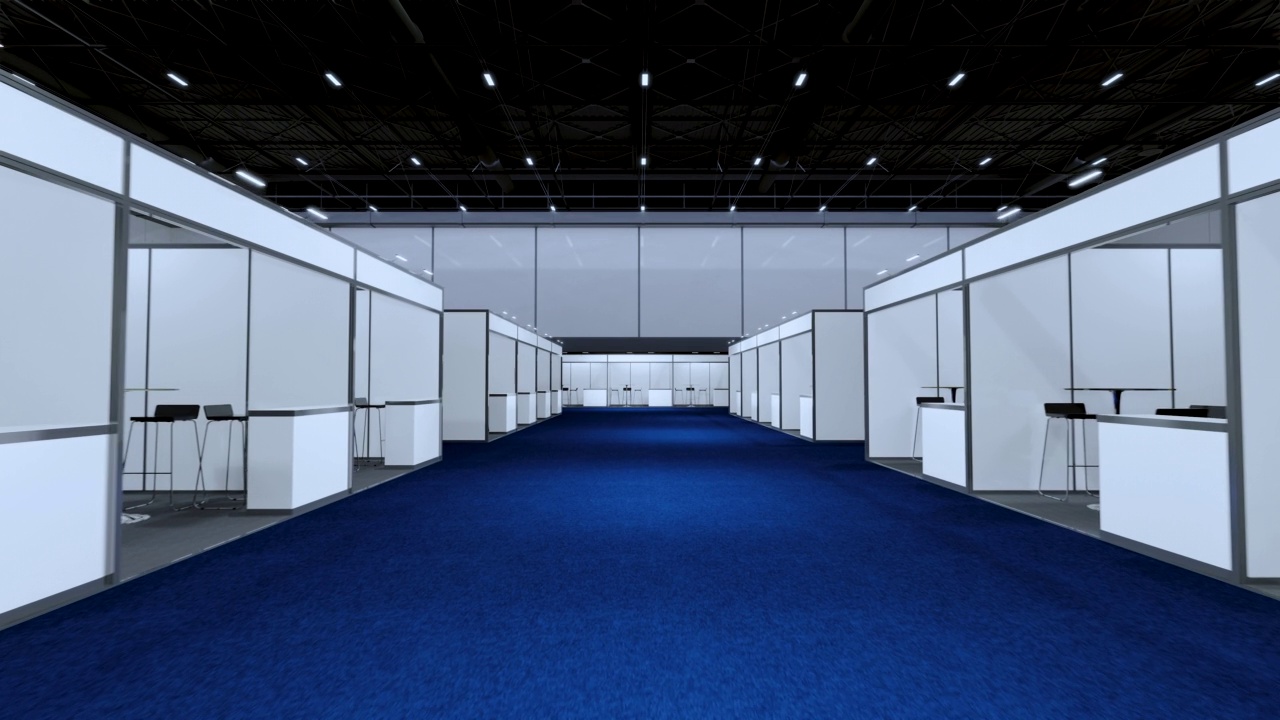 运动展览展台，提供实物模型和企业形象，展示设计。空的展台设计。展厅零售展台元素。展位设计贸易展。空白展位系统的图形资源。三维背景在线活动，会议，现场。3 d渲染。