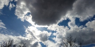 蓝天上美丽的云朵。春天的暴风雨乌云密布，阳光灿烂。暴风雨前的乌云。时光流逝的春天的天空。