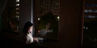 这张照片拍摄的是一位年轻的亚洲女商人，她在工作的深夜使用笔记本电脑。