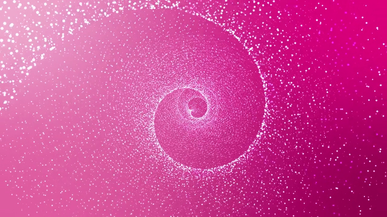 背景中螺旋状的粉红色漩涡与漂浮的粒子一起旋转。