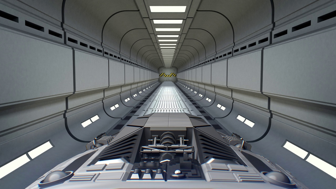 背景是火星。宇宙飞船飞出了隧道。宇宙飞船飞进太空站门，3d动画。行星的纹理是在没有照片和其他图像的图形编辑器中创建的。